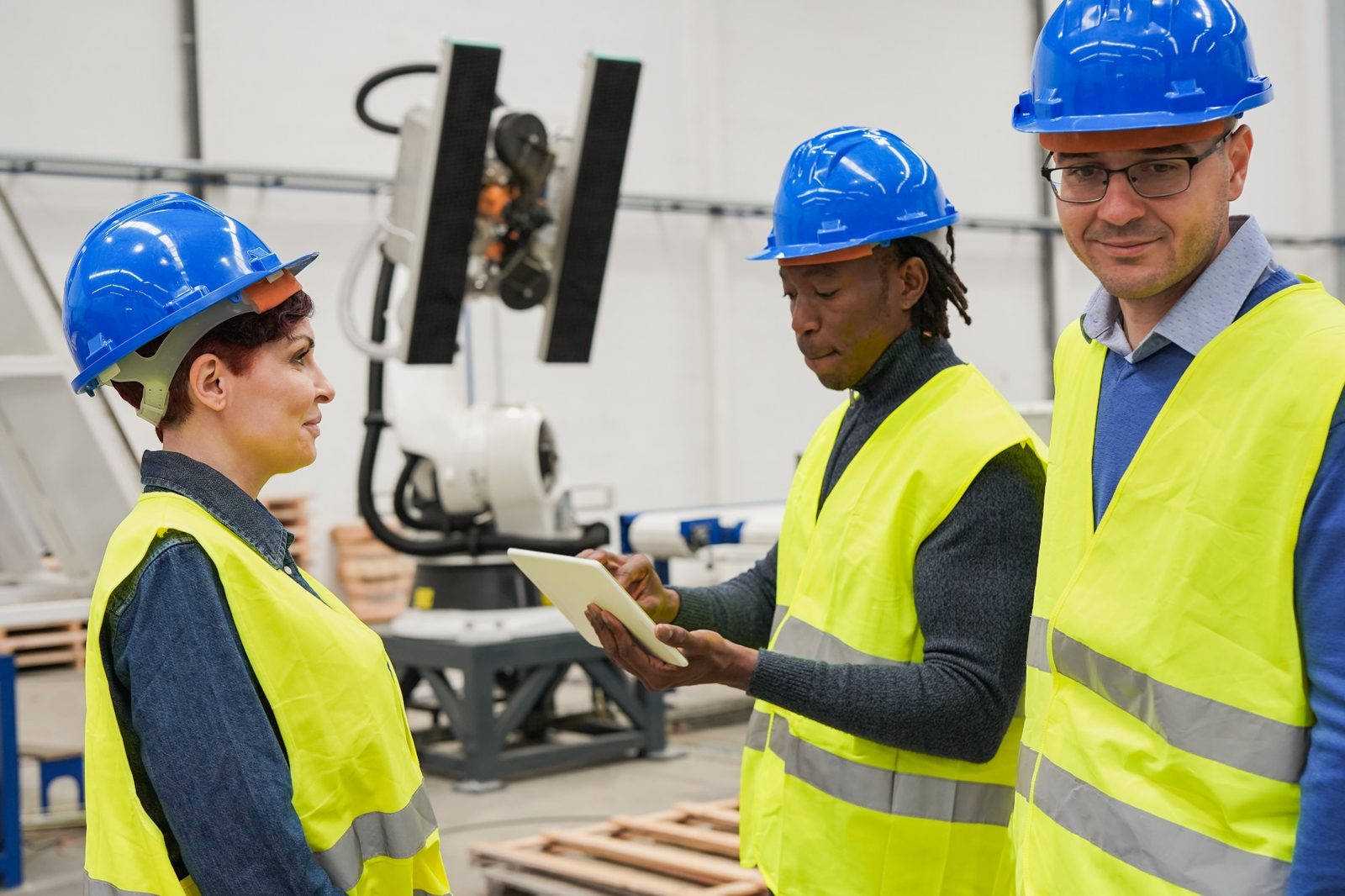 Three team members in hard hats and hi-vis vests reviewing a tablet beside a robotic arm on the facility floor