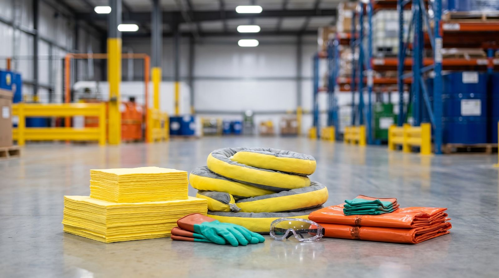 Green Spill Kits absorbent pads and booms with gloves, goggles and disposal bags on a warehouse floor