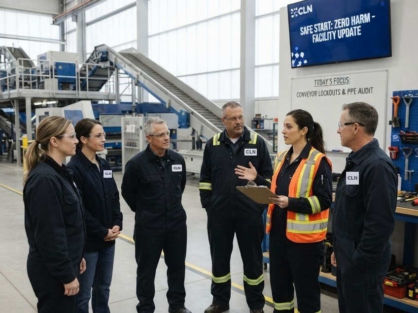 CLN plant team in coveralls gathered on the facility floor for a safety briefing on conveyor lockouts and PPE
