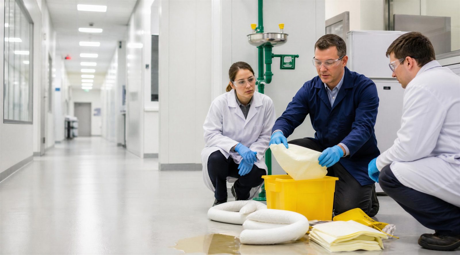Team in lab coats and safety glasses using absorbent booms and pads made from recovered materials to contain a spill